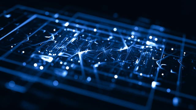 Ein abstraktes Schaltkreis-Diagramm in Blautönen, das komplexe Verbindungen und leuchtende Knotenpunkte zeigt. Die Linien und Punkte symbolisieren elektronische Verbindungen und Datenflüsse, die in einem Netzwerk oder Computerchip vorkommen könnten. Die Darstellung vermittelt ein Gefühl von Technologie und digitaler Vernetzung.