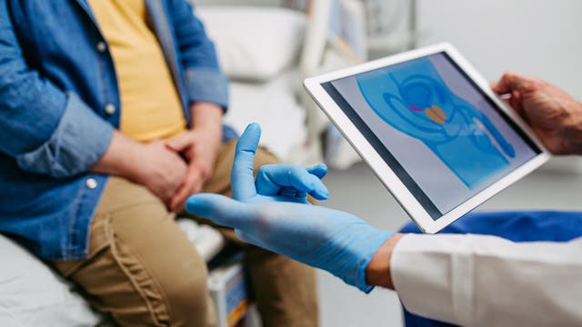 Ein Arzt in blauen Handschuhen zeigt einem sitzenden Patienten auf einem Tablet die männlichen Fortpflanzungsorgane. Der Patient sitzt mit gefalteten Händen auf einem Stuhl. 