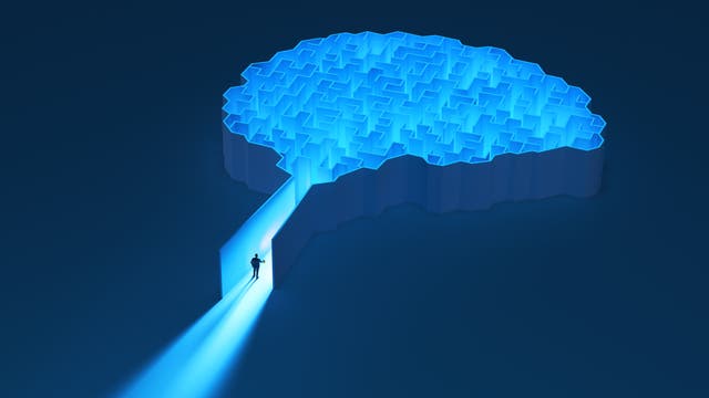 Ein stilisiertes Bild eines Gehirns, das als Labyrinth dargestellt ist. Eine Person steht am Eingang des Labyrinths, beleuchtet von einem blauen Lichtstrahl, der aus dem Inneren des Gehirns kommt. Das Bild symbolisiert die Erkundung und das Verständnis komplexer Gedankenprozesse.
