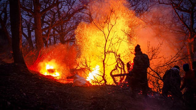 Eine Gruppe von Menschen steht in einem Wald bei Nacht, während ein großes Feuer lodert. Die Flammen leuchten hell und werfen Funken in die Luft, während Rauch aufsteigt. Die Silhouetten der Personen sind vor dem Hintergrund des Feuers sichtbar, umgeben von kahlen Bäumen. Die Szene vermittelt eine dramatische und intensive Atmosphäre.