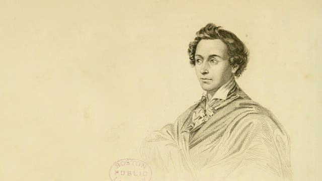 Eine detaillierte Skizze eines Mannes in formeller Kleidung, mit einem Umhang und einer dekorativen Schleife um den Hals. Der Hintergrund ist schlicht gehalten. Auf der linken Seite befindet sich ein Stempel mit der Aufschrift "Boston Public Library". Unten rechts ist der Name "Antoine Carême" zu sehen.