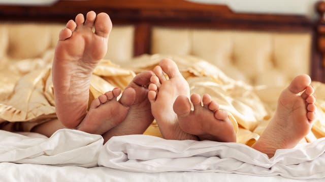 Drei Paar Füße ragen unter einer goldenen Bettdecke hervor, die auf einem Bett mit einem gepolsterten Kopfteil liegt. Die Szene vermittelt ein Gefühl von Entspannung und Gemütlichkeit.