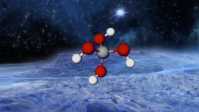 Eine 3D-Darstellung eines Moleküls schwebt über einer eisigen, blauen Landschaft im Weltraum. Der Hintergrund zeigt einen sternenübersäten Himmel mit einem hellen Stern. Das Molekül besteht aus grauen, roten und weißen Kugeln, die durch Stäbe verbunden sind, und symbolisiert Atome und Bindungen.