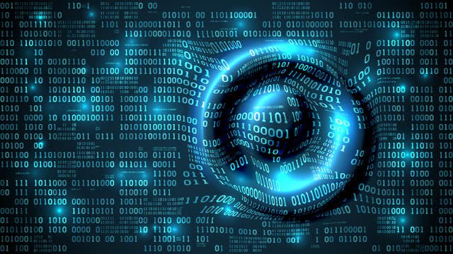 Eine künstlerische Darstellung eines digitalen Wirbels, bestehend aus leuchtenden Binärcodes in Blau- und Grüntönen. Die Nullen und Einsen scheinen sich in einem spiralförmigen Muster zu bewegen, was einen dynamischen und futuristischen Effekt erzeugt. Der Hintergrund ist dunkel, wodurch die leuchtenden Zahlen hervorgehoben werden. Das Bild vermittelt ein Gefühl von Technologie und Datenfluss.