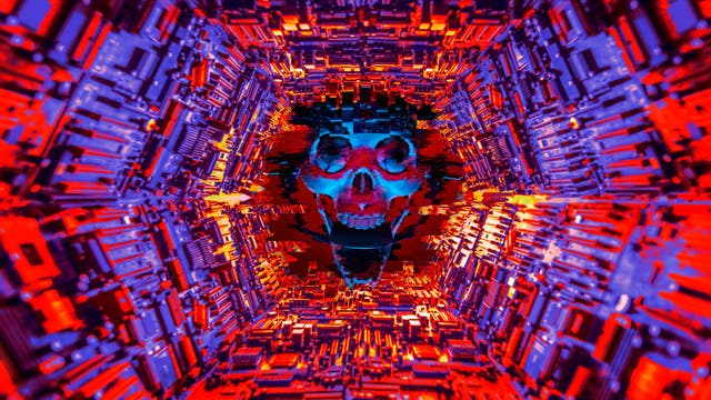 Eine digitale Illustration zeigt einen stilisierten, bedrohlichen Totenkopf in der Mitte eines symmetrischen, tunnelartigen Raums. Die Umgebung besteht aus elektronischen Schaltkreisen in leuchtenden Rot- und Violetttönen.