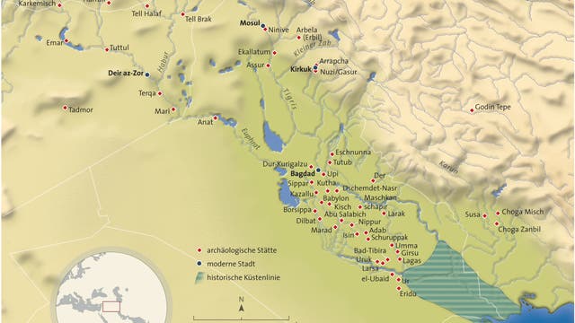 Karte mit früher Besiedlung am Unterlauf von Euphrat und Tigris