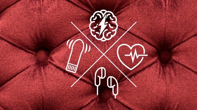 Symbole vor rotem Plüsch: Vibrator, Orgasmus, Ohrstöpsel, Herzschlag