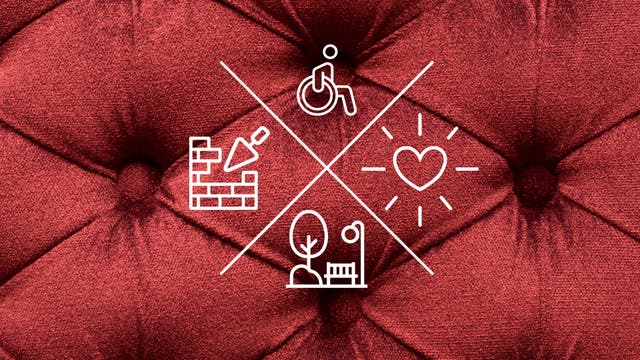 Symbole vor rotem Plüsch: Sanieren, Rollstuhl, Liebe und Parkbank