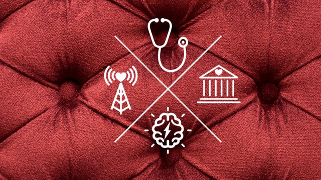 Symbole vor rotem Plüsch: Arzt, Museum der Sexualität, Schlaganfall, Antenne des Herzens