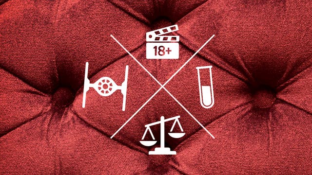 Symbole vor rotem Plüsch: Filmklappe mit Schriftzug 18+, TIE-Fighter, Waage, Reagenzglas