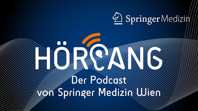 Das Bild zeigt das Logo des Podcasts »Hörgang« von Springer Medizin Wien. Der Hintergrund ist dunkelblau mit weißen, wellenförmigen Linien. Der Schriftzug »Hörgang« ist in großen, weißen Buchstaben dargestellt, wobei das »G« als Ohr mit orangefarbenen Schallwellen gestaltet ist. Oben rechts befindet sich das Springer-Logo mit dem Text »Springer Medizin«. Darunter steht in kleineren Buchstaben »Der Podcast von Springer Medizin Wien«.