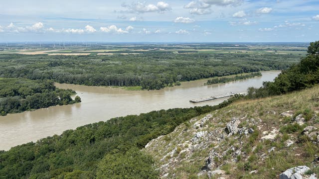 Eine weitläufige Landschaft mit einem Fluss, der sich durch eine grüne, bewaldete Ebene schlängelt. Im Vordergrund ist ein felsiger Hügel mit Gras und Bäumen zu sehen. Am Horizont erstrecken sich Felder und Windkraftanlagen unter einem blauen Himmel mit vereinzelten Wolken. Ein Frachtschiff ist auf dem Fluss sichtbar.