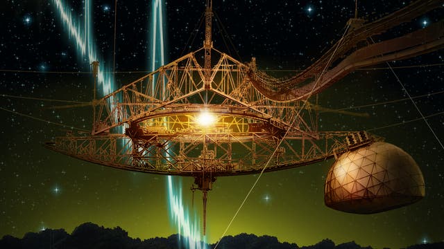 Das 305-Meter-Radioteleskop von Arecibo (überlagert mit dem Spektrum eines schnellen Radioausbruchs)