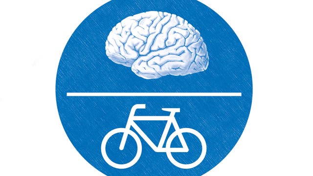 Ein Schild mit Symbolen für Fahrrad und Gehirn.