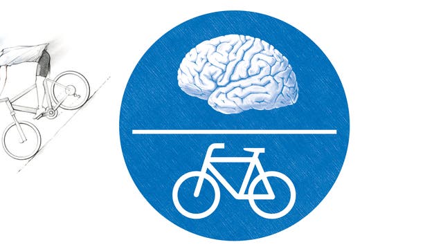 Ein Schild mit Symbolen für Fahrrad und Gehirn.