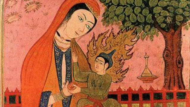 Die persische Miniatur zeigt Isa und Maryam - Jesus und Maria. Wie im Koran beschrieben bringt Maryam Isa unter einer Palme zur Welt.