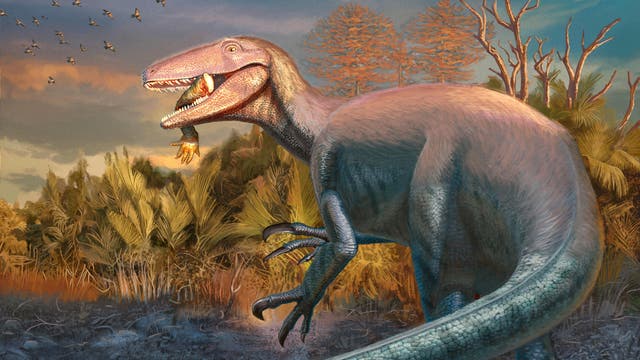 Eine künstlerische Darstellung eines Dinosauriers in einer prähistorischen Landschaft. Der Dinosaurier steht im Vordergrund und hält Überreste seiner Beute im Maul. Im Hintergrund sind Bäume und ein Schwarm fliegender Vögel zu sehen. Die Szene ist in warmen Farben gehalten und vermittelt eine lebendige, natürliche Umgebung.