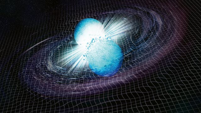 Die Illustration zeigt Neutronensterne, die zusammenstoßen, verschmelzen und die Raumzeit erschüttern