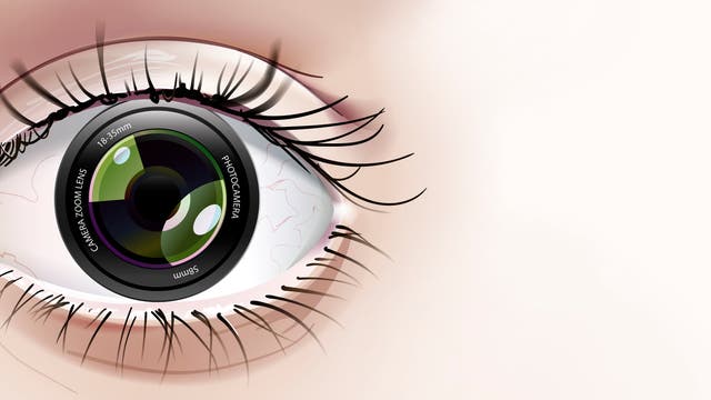 Ein stilisiertes Auge scheint Komponenten eines Fotoapparates zu haben. 