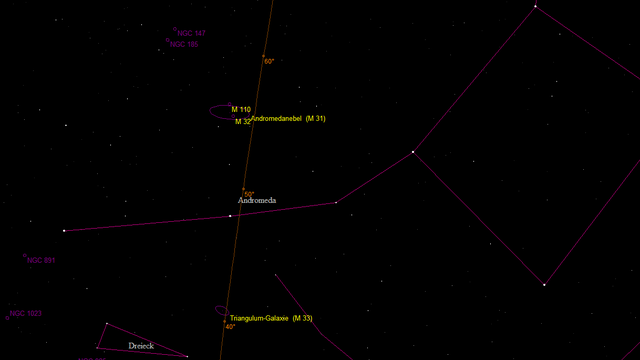 Übersichtskarte der Andromeda mit Messier 31, Messier 33 und NGC 891