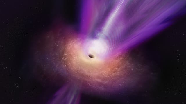 Künstlerische Darstellung des Schwarzen Lochs im Zentrum der Galaxie M87, das gerade einen Jet ausstößt.