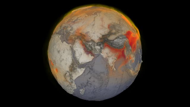 Eine Visualisierung des globalen Methans am 26. Januar 2018. Rot zeigt Gebiete mit höheren Methankonzentrationen in der Atmosphäre.