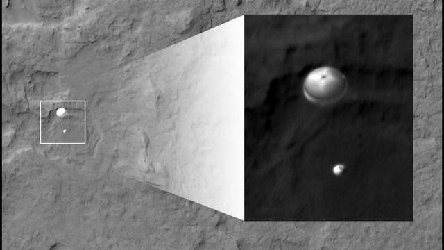 Marsrover Curiosity am Fallschirm