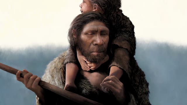 Die Computerillustration zeigt einen Neandertaler mit einem Kind auf den Schultern.