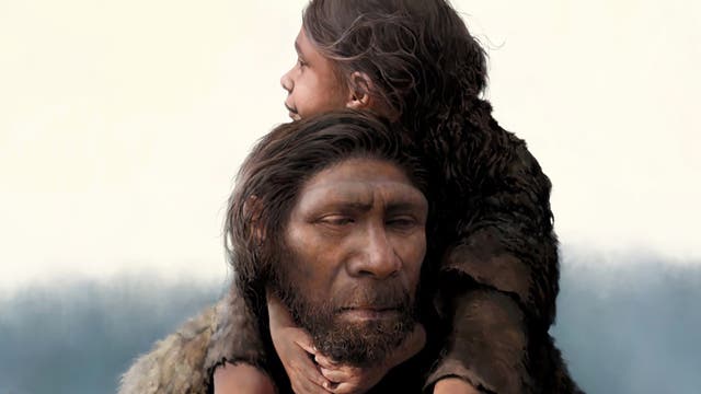 Die Computerillustration zeigt einen Neandertaler mit einem Kind auf den Schultern.