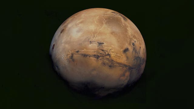 Die Valles Marineris erstrecken sich als Grabensystem mit einer Länge von 4000 Kilometern mittig in einer Aufnahme des Viking-Orbiters aus den 1970er Jahren