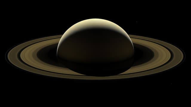 Gesamtaufnahme des Saturnsystems, teilweise aufgehellt.