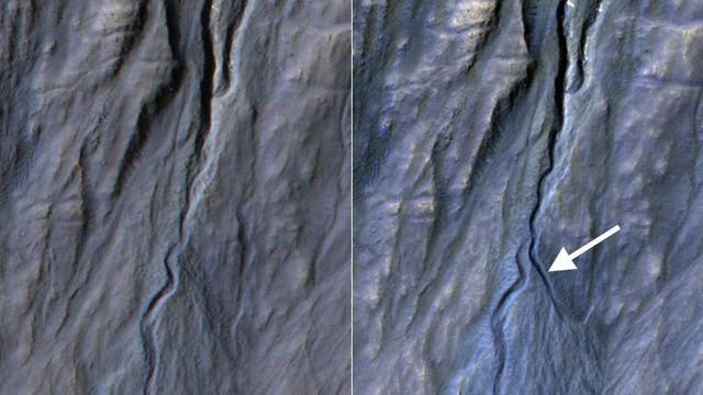 Eine Erosionsrinne auf dem Mars verändert sich