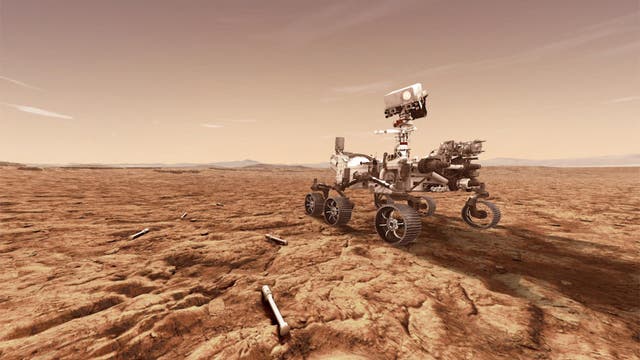Illustration eines Roboters, der Probenkapseln auf dem Mars einsammelt