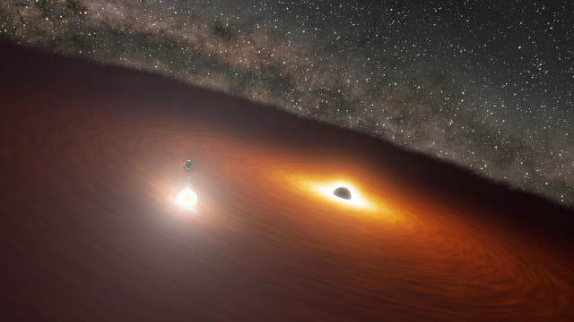 Illustration der beiden massereichen Schwarzen Löcher in der Galaxie OJ 287
