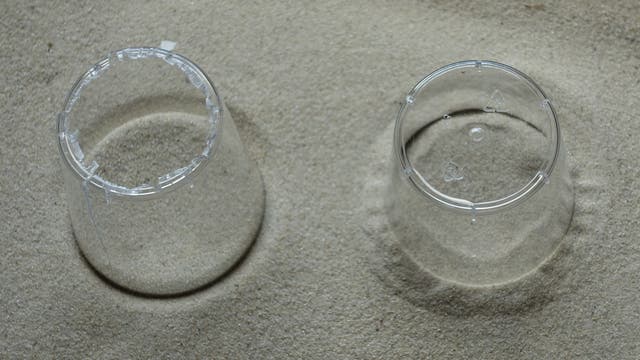 ein Plastikbecher ohne und ein Becher mit Boden sind nebeneinander in Sand gedrückt