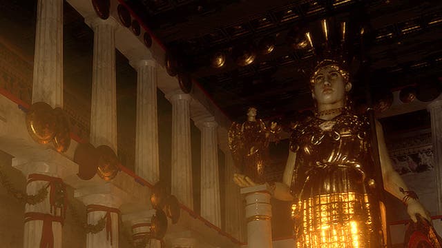 Eine 3-D-Darstellung eines antiken Tempelinnenraums mit einer großen, goldenen Statue im Zentrum. Die Statue steht zwischen hohen Marmorsäulen, die den Raum umgeben. Der Tempel ist reich verziert mit goldenen und roten Akzenten. Im Vordergrund sind kleinere Statuen und Altäre zu sehen, die von Kerzenlicht beleuchtet werden. Die Atmosphäre ist feierlich und mystisch, mit einem warmen Licht, das den Raum durchflutet.