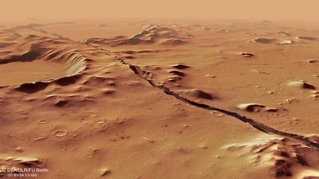 Perspektivische Ansicht der Cerberus Fossae auf dem Mars
