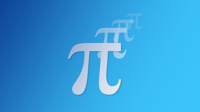 Ein großes Pi-Zeichen auf blauem Hintergrund mit mehreren nach rechts oben kleiner und transparenter werdenden Pi-Zeichen