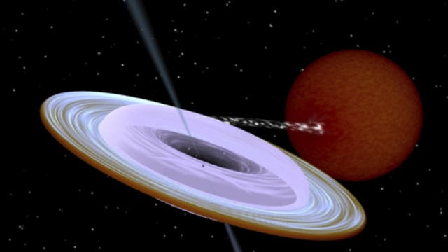 Die künstlerische Darstellung zeigt ein binäres System aus einem Schwarzen Loch mit Akkretionsscheibe und einem Stern. Der Jet, der entlang der Spinachse des Schwarzen Lochs gerichtet ist, weicht stark von der Rotationsachse der Umlaufbahn ab.