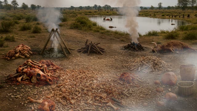Eine prähistorische Szene zeigt einen Lagerplatz mit Knochen und Tierüberresten, die auf dem Boden verstreut sind. Zwei Feuerstellen mit aufsteigendem Rauch sind sichtbar, umgeben von Holzstapeln. Im Hintergrund befindet sich ein kleiner Teich mit Menschen, die am Ufer stehen. Die Landschaft ist flach und von Büschen und Bäumen umgeben.