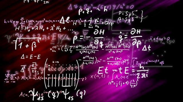 Physikalische Formeln, die in weißer Schrift auf einem Hintergrund mit violetten und schwarzen diagonalen Streifen geschrieben sind. Die Formeln umfassen verschiedene mathematische Symbole, Gleichungen und Variablen aus der Quantenmechanik.