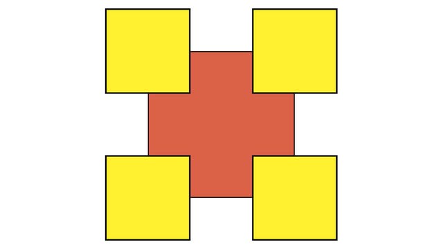 Ein großes rotes Quadrat, vier kleine gelbe Quadrate