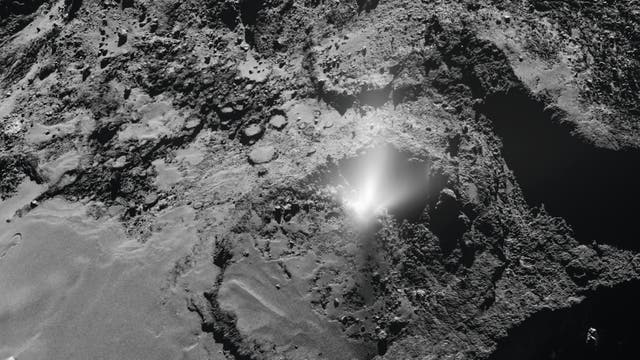 Die europäische Kometensonde Rosetta beobachtete am 3. Juli 2016 eine Staubfontäne über der Oberfläche des Kometen 67P/Tschurjumow-Gerasimenko.