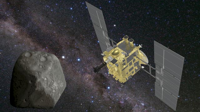 Mitte 2018 erreicht die japanische Raumsonde Hayabusa-2 ihr Zielobjekt, den rund 850 Meter großen Asteroiden Ryugu (Illustration).