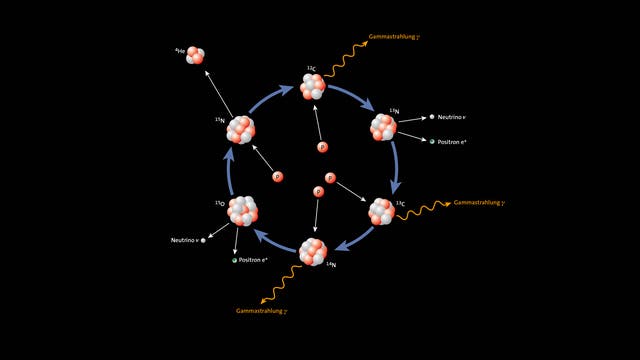 Wie aus vier Protonen (p, rot) unter Energiefreisetzung letztlich ein Heliumkern (4He) aus zwei Protonen und zwei Neu­tronen (grau) entstehen kann, erklärt ein Reaktionszyklus, an dem Kerne von Kohlenstoff (C), Stickstoff (N) und Sauerstoff (O) als Katalysatoren beteiligt sind.
