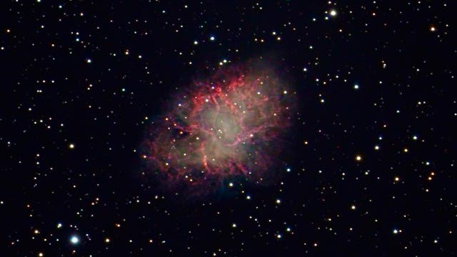 Der rund 16 mag helle Pulsar inmitten des Krebsnebels ist astrofotografisch leicht zugänglich. Auf lang belichteten Aufnahmen wie dieser treten die feinen roten Filamente des Nebels hervor, die dem Objekt seinen Namen gaben.
