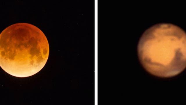 Sowohl unser Mond als auch der Planet Mars können im Himmel rot erscheinen.