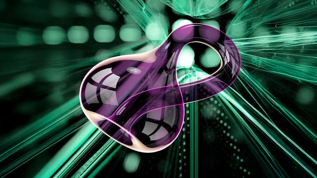 Eine abstrakte 3D-Darstellung zeigt eine geschwungene, transparente Struktur in Lila, die in einem dynamischen, grün-schwarzen Hintergrund schwebt. Die Struktur reflektiert Licht und erzeugt einen futuristischen Effekt. Der Hintergrund besteht aus Linien und Punkten, die Bewegung und Tiefe suggerieren.