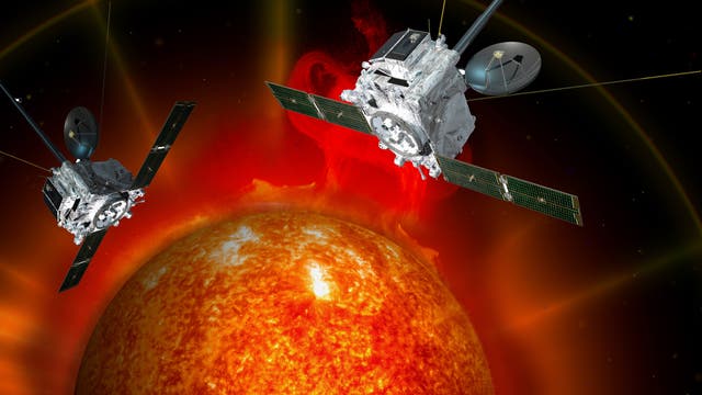 Künsterische Dartellung der beiden STEREO-Satelliten und der Sonne