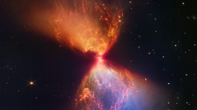 Ein Weltraumbild zeigt den Protostern L1527, umgeben von einer farbenfrohen Wolke aus Gas und Staub. Die Wolke hat eine sanduhrähnliche Form mit leuchtenden Orange- und Blautönen, die von einem hellen Zentrum ausgehen. Im Hintergrund sind zahlreiche Sterne vor einem dunklen Weltraum zu sehen. Dieses Bild veranschaulicht die Entstehung eines neuen Sterns und die dynamischen Prozesse in der frühen Phase der Sternentwicklung.